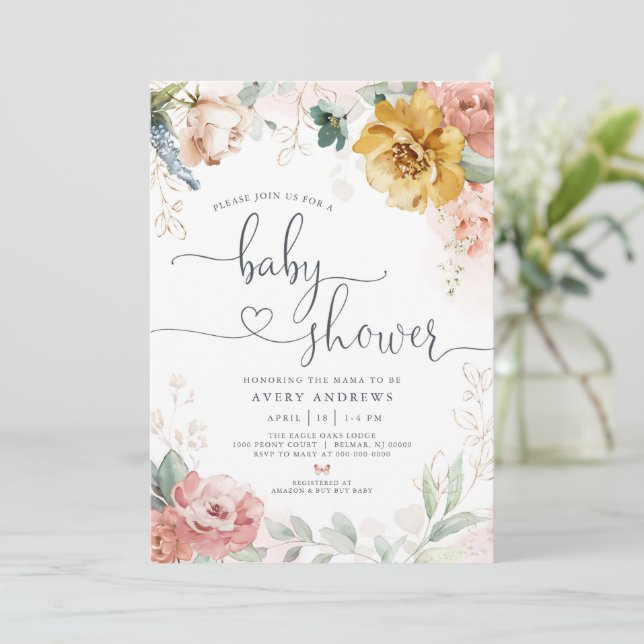 Baby In Bloom Floral Garden Baby Shower Invitation (Standing Front)