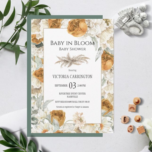 Baby in Bloom Floral Neutral Baby Shower Wedding Invitation (Creator Uploaded)