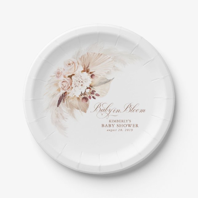 Baby in Bloom Floral Pampas Grass Baby Shower Paper Plate (Front)