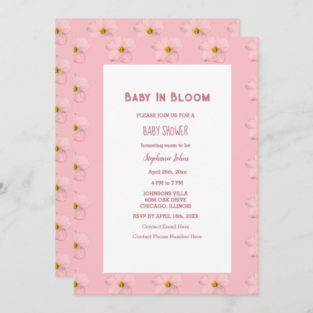 Baby In Bloom Floral Pattern Pink Baby Shower Girl Invitation (Front/Back)