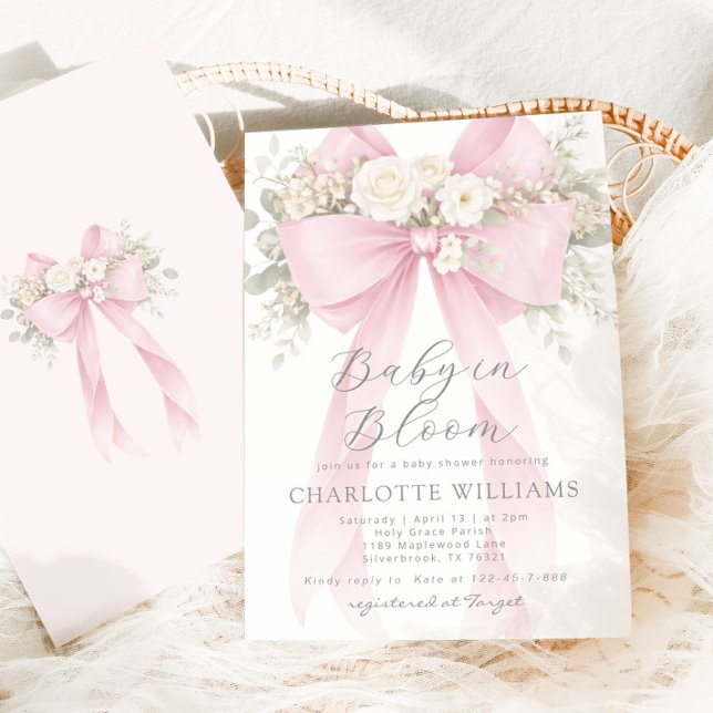 Baby in Bloom Floral Pink Bow Baby Shower Invitation (Creator Uploaded)