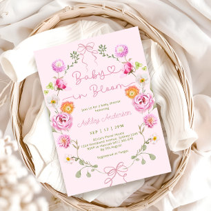 Baby in Bloom Floral Pink Bow Baby Shower Invitation
