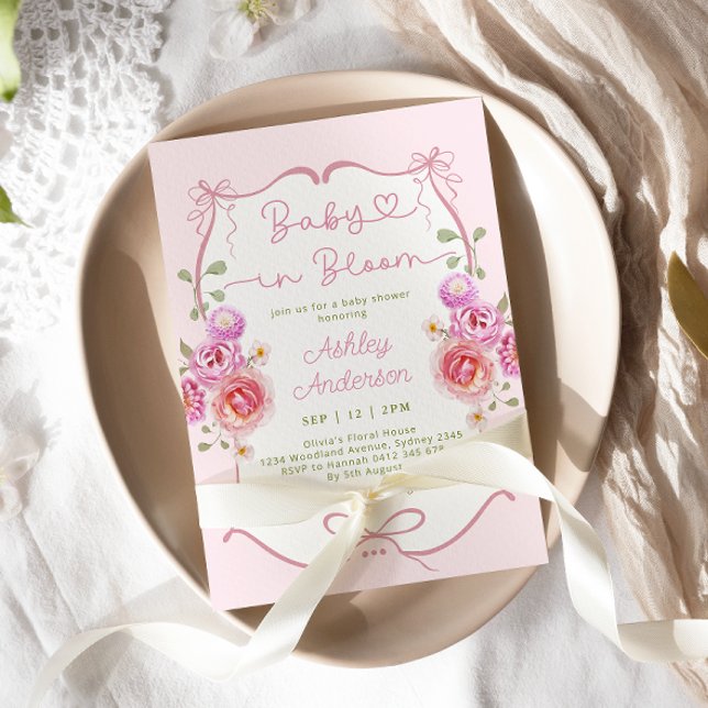 Baby in Bloom Floral Pink Bow Baby Shower Invitation (Creator Uploaded)