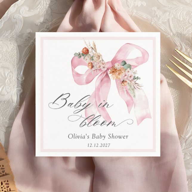 Baby in Bloom Floral Pink Bow Baby Shower Napkin (Creator Uploaded)