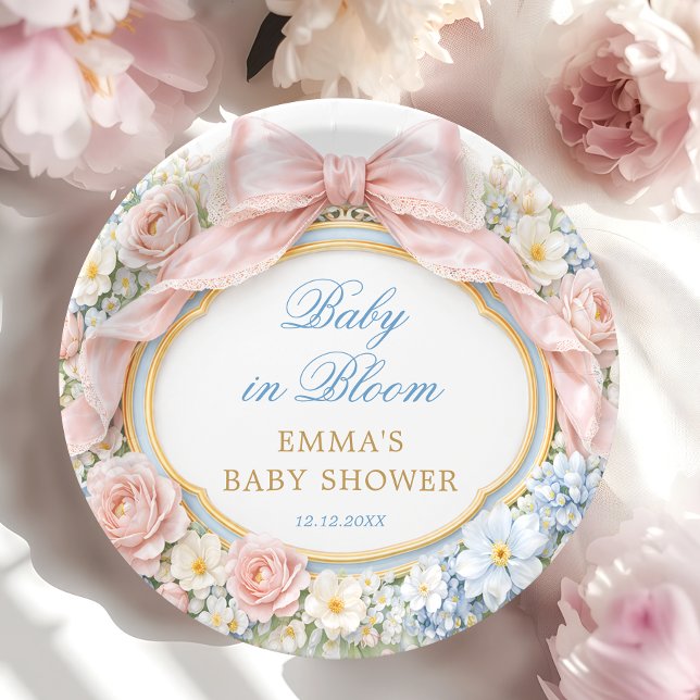 Baby in Bloom Floral Pink Bow Girl Baby Shower Paper Plate (Creator Uploaded)