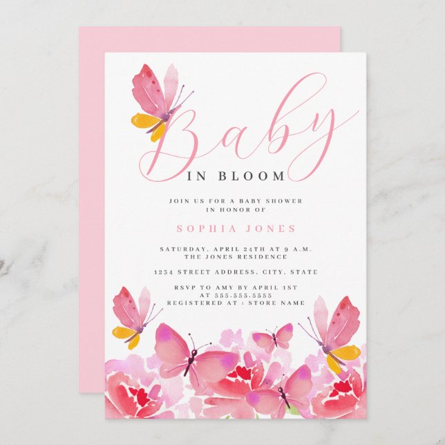 Baby in Bloom Floral Pink Butterfly Baby Shower   Invitation (Front/Back)