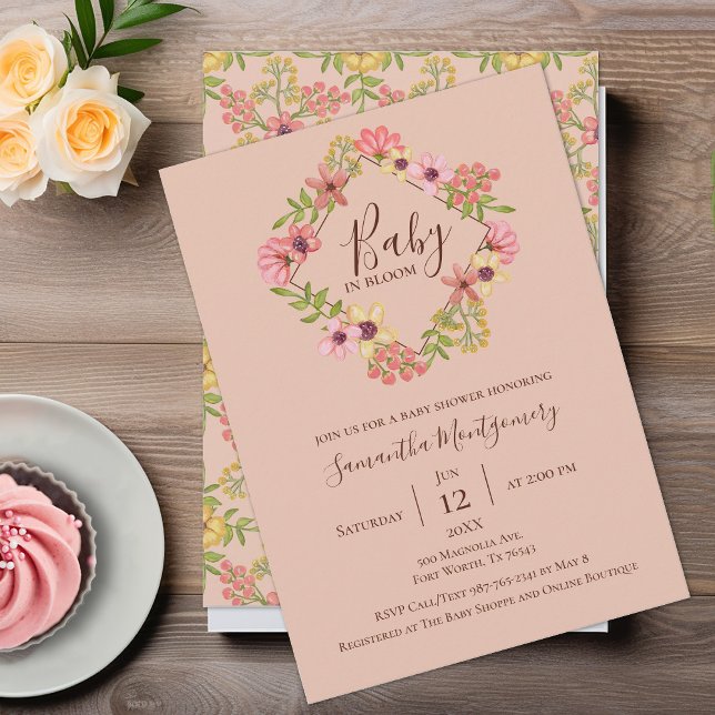 Baby in Bloom Floral Pink Cute Baby Shower Spring Invitation (Creator Uploaded)