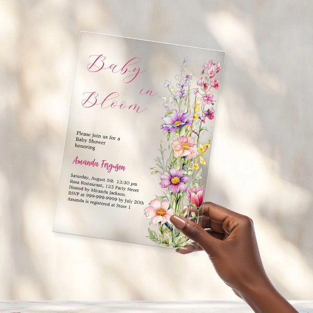 Baby in bloom floral pink purple clear Baby Shower Acrylic Invitations (Creator Uploaded)