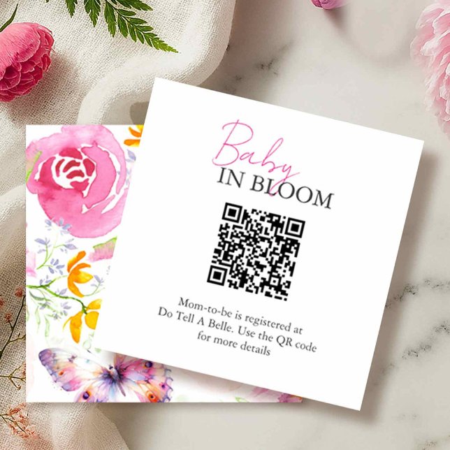 Baby In Bloom Floral Registry Enclosure Card (QR code baby shower enclosure cards floral and butterfly watercolor theme Victoria Grigaliuans)