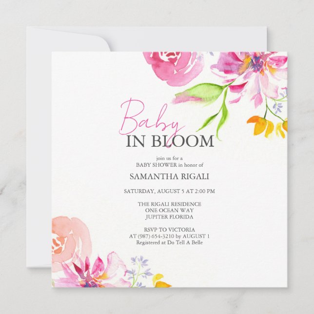 Baby In Bloom Floral Watercolor Shower Invitation (Front)