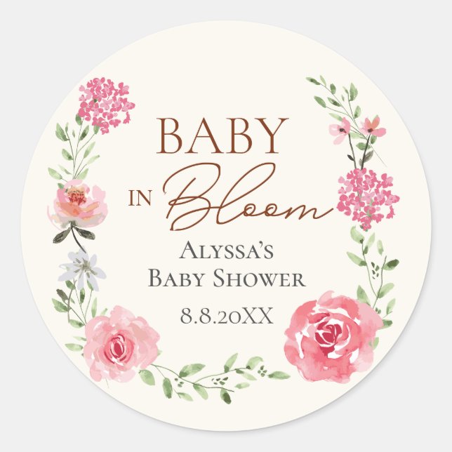 Baby In Bloom Flower Themed Baby Shower Custom Classic Round Sticker (Front)