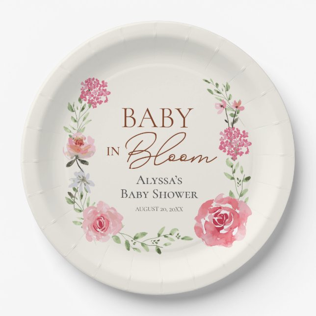 Baby In Bloom Flower Themed Baby Shower Custom Paper Plate (Front)