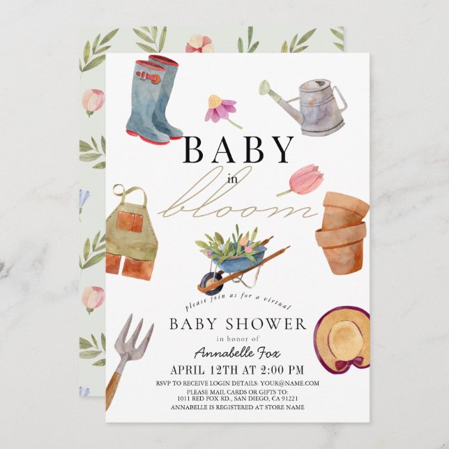 Baby in Bloom Gardening Tools Virtual Baby Shower Invitation (Front/Back)