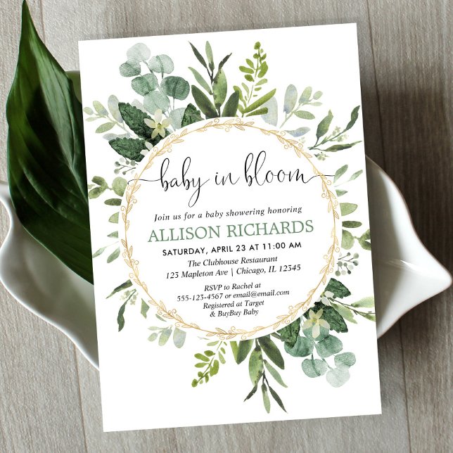 Baby in Bloom Gender neutral greenery baby shower Invitation (Creator Uploaded)