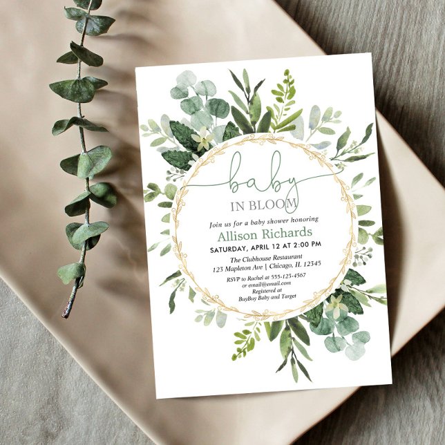 Baby in bloom gender neutral greenery gold shower invitation (Creator Uploaded)
