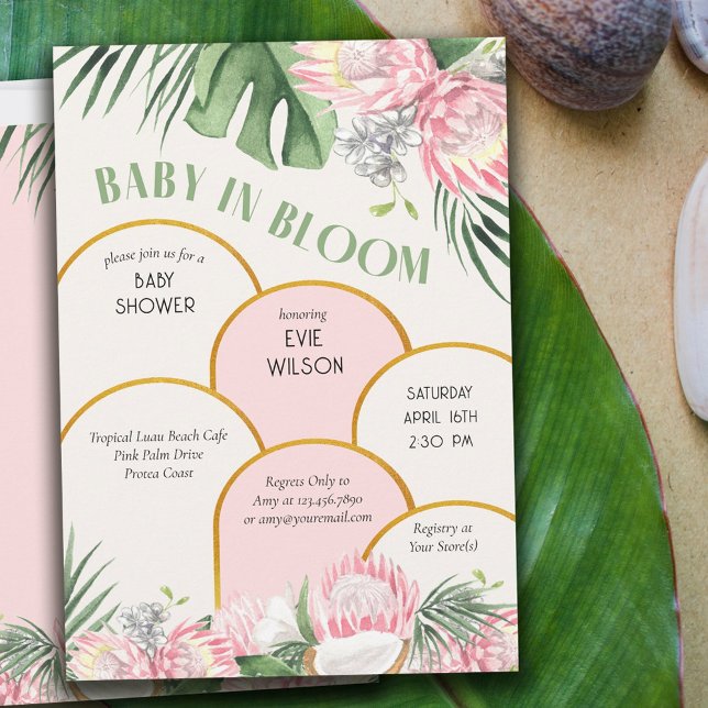 Baby in Bloom Gold Arch Pink Protea Baby Shower Invitation (Creator Uploaded)
