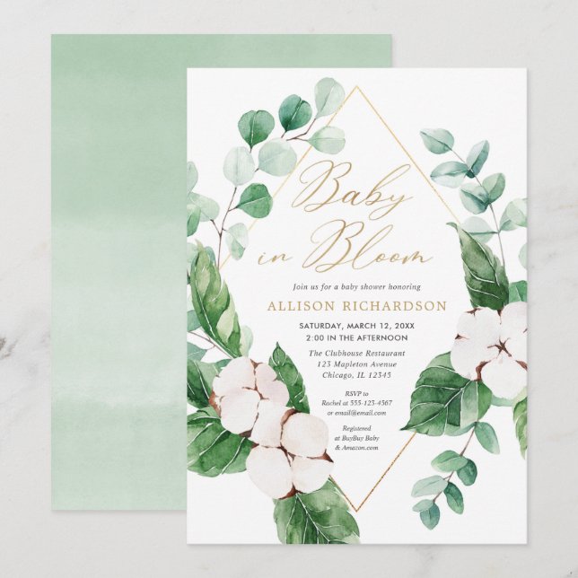 Baby in Bloom gold greenery gender neutral shower Invitation (Front/Back)
