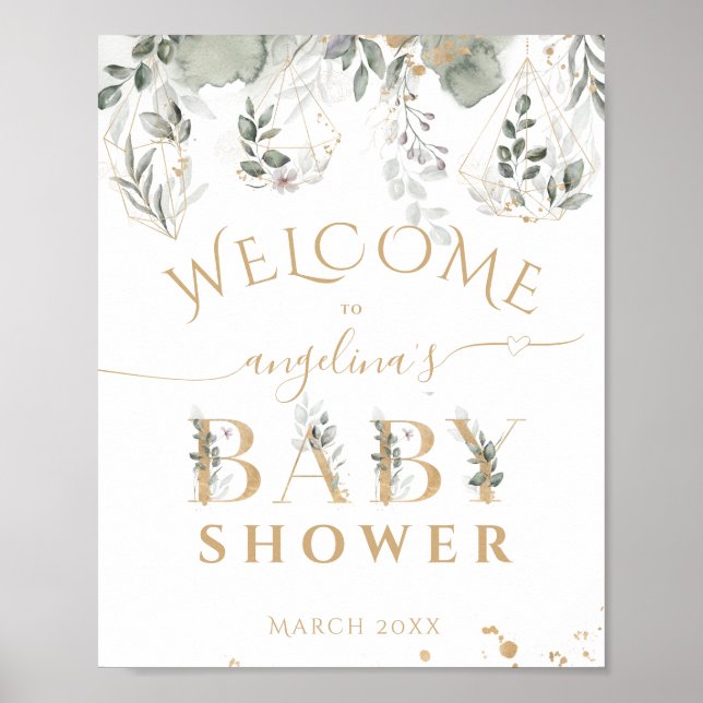 Baby in bloom Greenery & Gold Baby Shower welcome Poster (Front)
