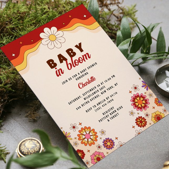 Baby In Bloom Groovy Retro Hippie Flowers Invitation (Creator Uploaded)