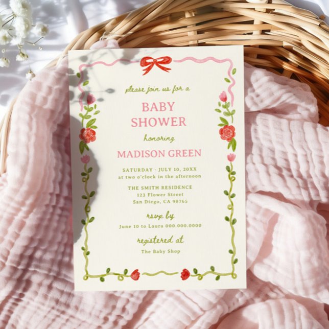 Baby In Bloom Hand Drawn Floral Bow Baby Shower Invitation (Creator Uploaded)
