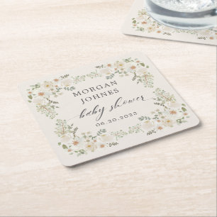 baby in bloom ivory floral baby shower square paper coaster