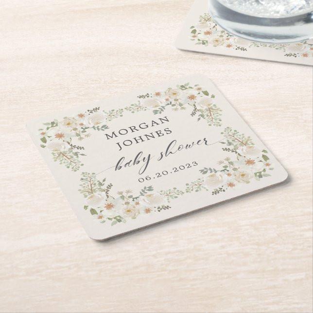 baby in bloom ivory floral baby shower square paper coaster (Angled)