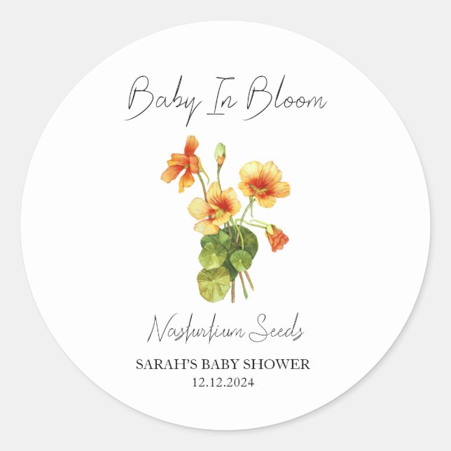 Baby In Bloom l Nasturtium Seeds Baby Shower Classic Round Sticker (Front)