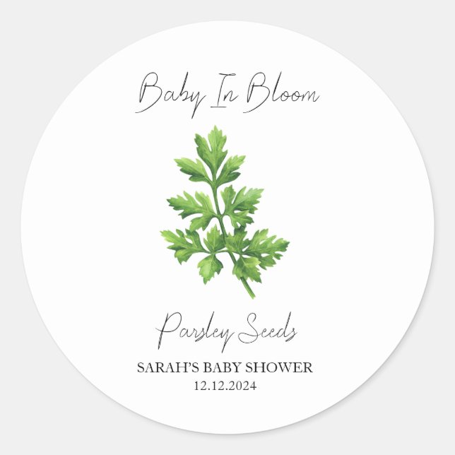 Baby In Bloom l Parsley Seeds Baby Shower Classic Round Sticker (Front)