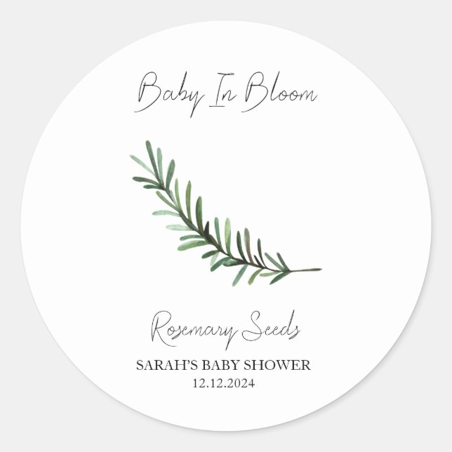 Baby In Bloom l Rosemary Seeds Baby Shower Classic Round Sticker (Front)