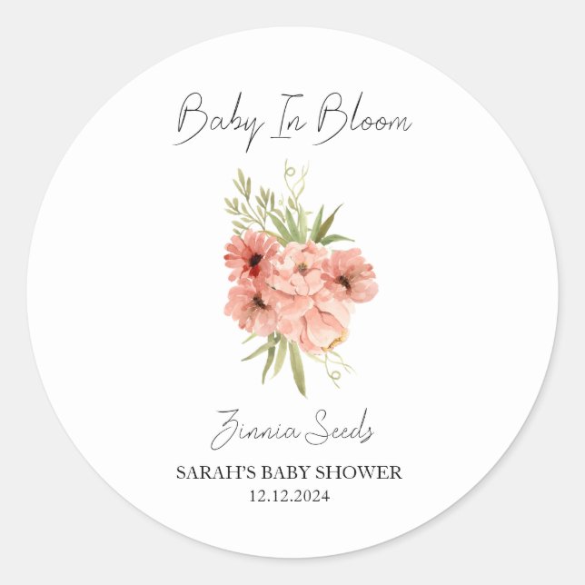 Baby In Bloom l Zinnia Seeds Baby Shower Classic Round Sticker (Front)
