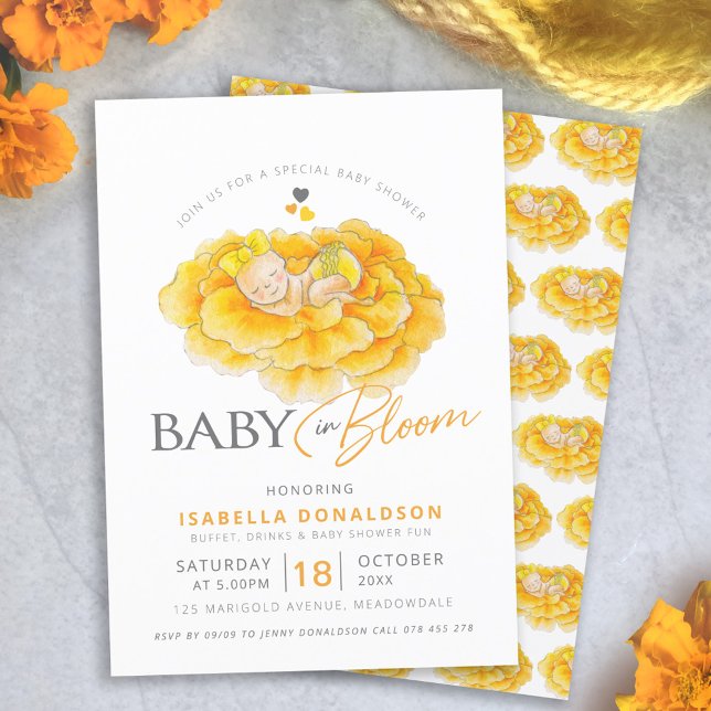 Baby in bloom marigold baby shower invitations (Creator Uploaded)