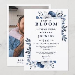 Baby In Bloom Navy Blue Floral Photo Baby Shower Invitation