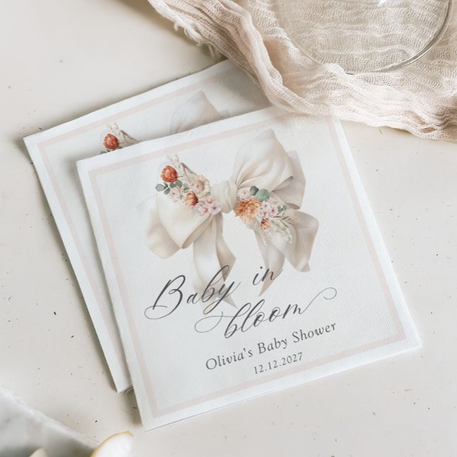 Baby in Bloom Neutral Floral Bow Baby Shower Napkin (Creator Uploaded)