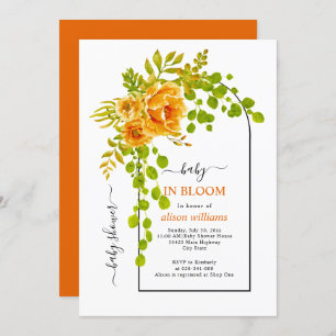Baby in bloom orange flowers and arch baby shower invitation
