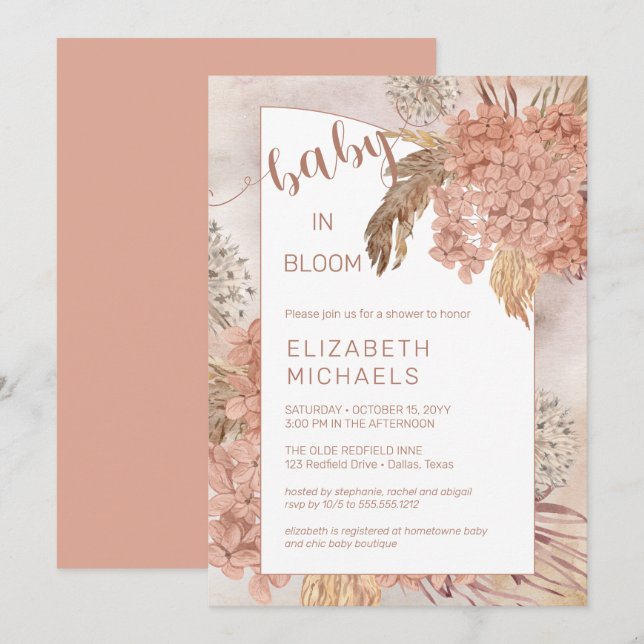  Baby in Bloom Pampas Grass and Hydrangeas Shower  Invitation (Front/Back)
