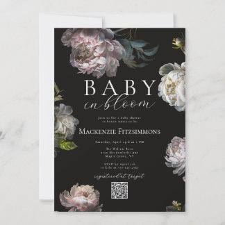 Baby in Bloom Peony Dark Moody Floral Baby Shower Invitation