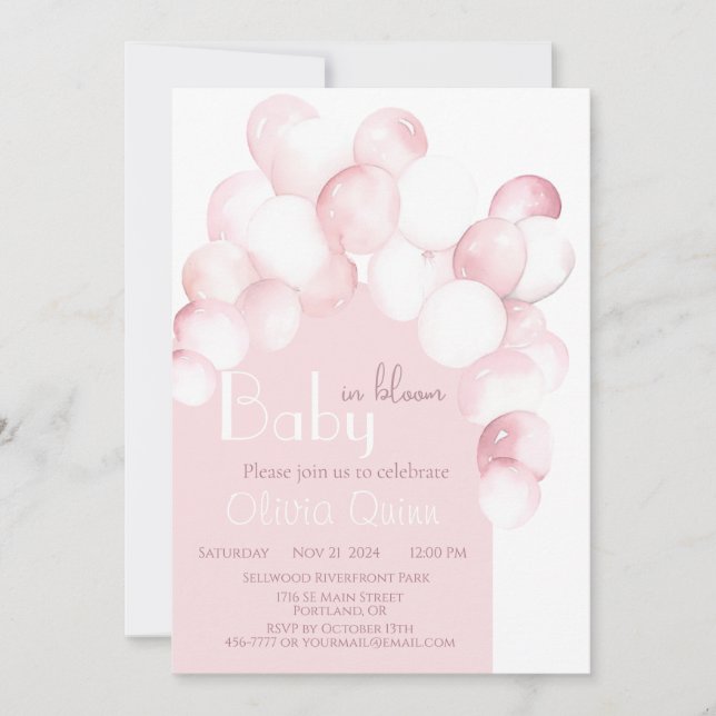 Baby in Bloom pink balloons arch baby shower Invitation (Front)