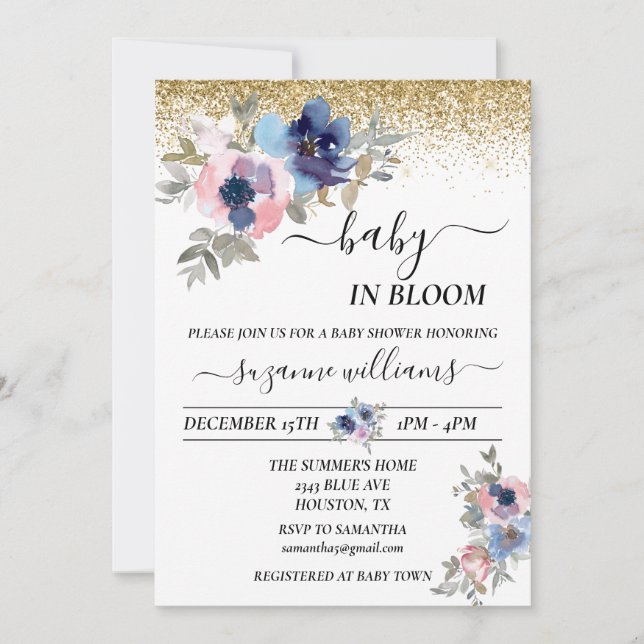 Baby in Bloom Pink Blue Handwritten Gold Confetti Invitation (Front)