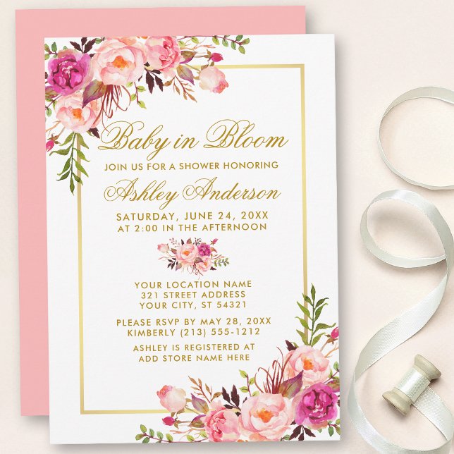 Baby In Bloom Pink Blush Floral Shower Gold Invitation (Customize to change text color, text style or color of back of card.)