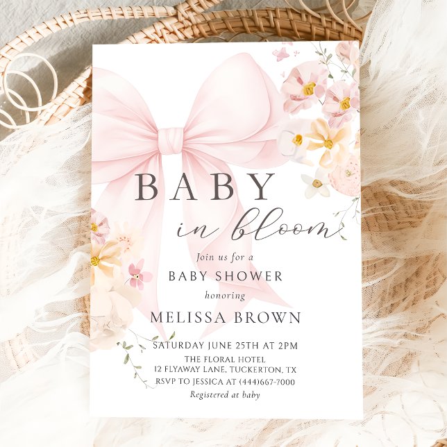 Baby In Bloom Pink Bow Baby Shower Invitation (Creator Uploaded)