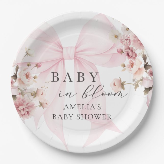 Baby in Bloom Pink Bow Baby Shower Paper Plates (Front)
