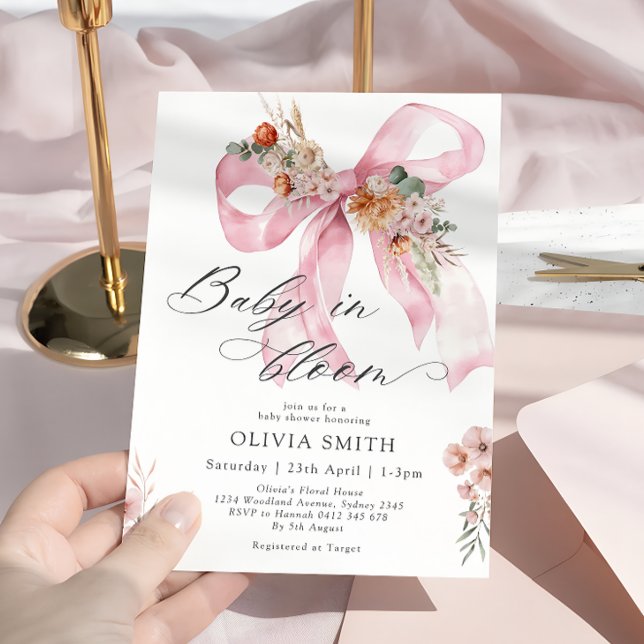 Baby in Bloom Pink Bow Floral Baby Shower Invitation (Creator Uploaded)