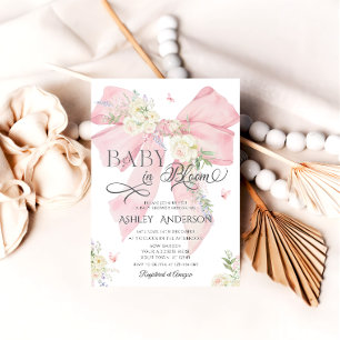 Baby In Bloom Pink Bow & Floral Baby Shower Invitation