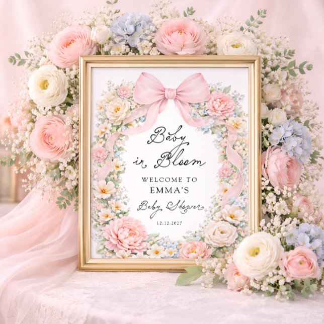 Baby in Bloom Pink Bow Floral Baby Shower Welcome Poster (Creator Uploaded)