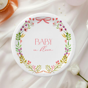 Baby in Bloom Pink Bow Floral Garden Baby Shower Paper Plate