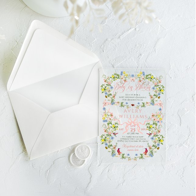 Baby in Bloom Pink Bow Floral Girl Baby Shower  Acrylic Invitations (Creator Uploaded)