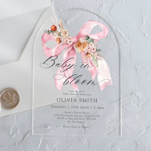 Baby in Bloom Pink Bow Floral Modern Baby Shower Acrylic Invitations (Creator Uploaded)