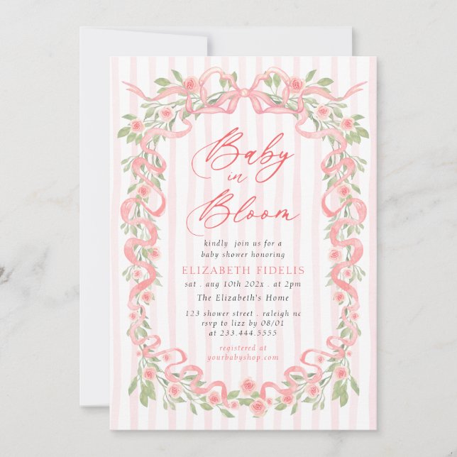 Baby in Bloom Pink Bow Floral Roses Baby Shower Invitation (Front)