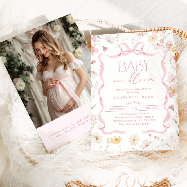 Baby in bloom Pink Bow Qr Code Photo baby shower Invitation (Creator Uploaded)