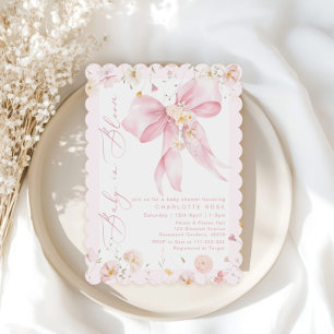 Baby in Bloom Pink Bow Wildflower Baby girl shower Invitation